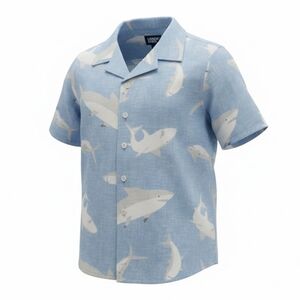 Lands End Light Blue Haze Shark Button Down Poplin Shirt NWOT Boys XS 4-5